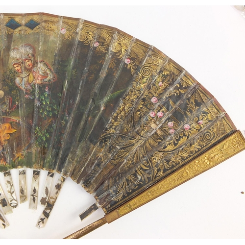 3982 - Two 19th century fans with mother of pearl sticks having silver inlay, each hand painted with classi... 