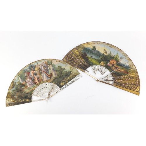 3982 - Two 19th century fans with mother of pearl sticks having silver inlay, each hand painted with classi... 