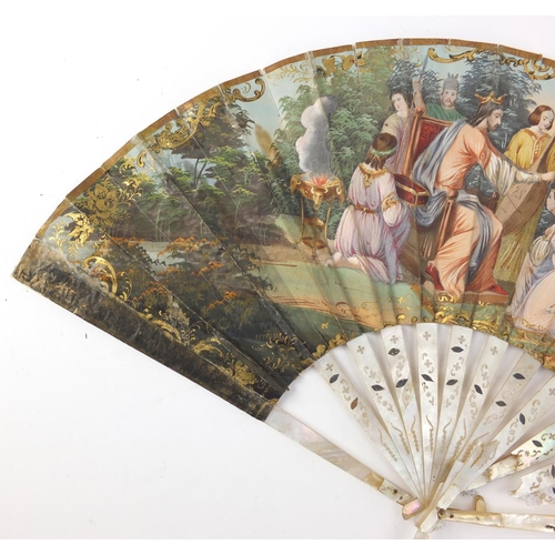 3982 - Two 19th century fans with mother of pearl sticks having silver inlay, each hand painted with classi... 