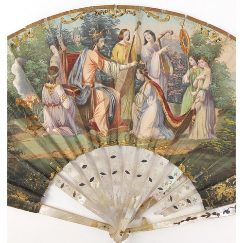 3982 - Two 19th century fans with mother of pearl sticks having silver inlay, each hand painted with classi... 