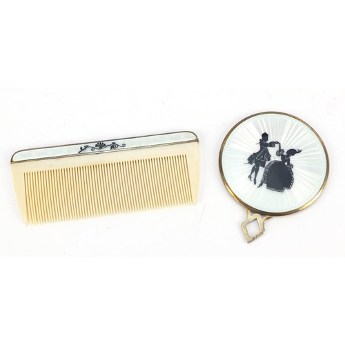 3652 - Continental silver and guilloche enamel vanity mirror and comb housed in a case, the mirror decorate... 