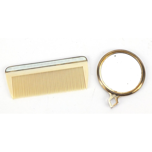 3652 - Continental silver and guilloche enamel vanity mirror and comb housed in a case, the mirror decorate... 