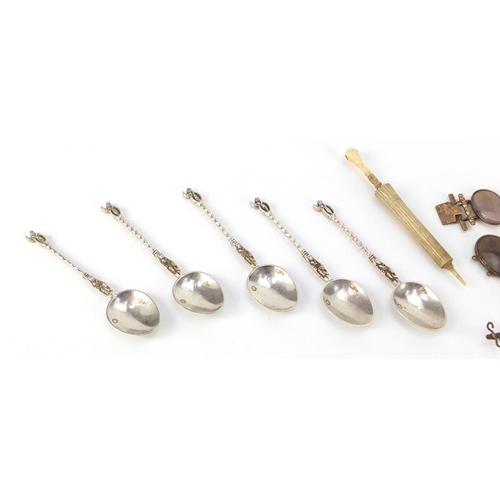 3454 - Antique and later objects including brass vesta inset with turquoise, four silver spoons, bone umbre... 