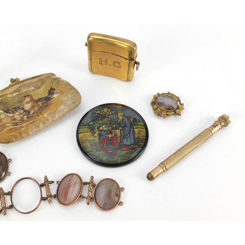 3454 - Antique and later objects including brass vesta inset with turquoise, four silver spoons, bone umbre... 