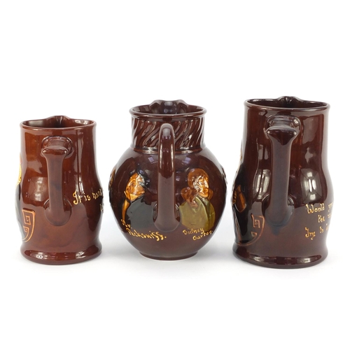 3483 - Three Royal Doulton Kingsware jugs, including an example decorated with Charles Dickens characters, ... 