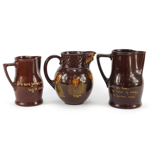 3483 - Three Royal Doulton Kingsware jugs, including an example decorated with Charles Dickens characters, ... 