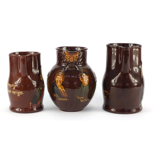 3483 - Three Royal Doulton Kingsware jugs, including an example decorated with Charles Dickens characters, ... 