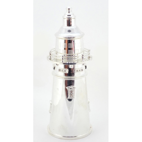 3357 - Large silver plated cocktail shaker in the form of a lighthouse, 36cm high