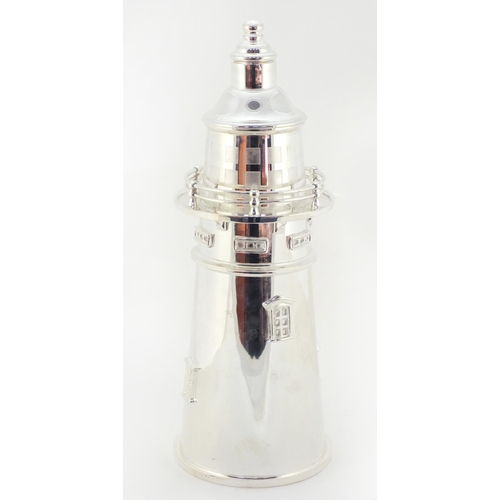 3357 - Large silver plated cocktail shaker in the form of a lighthouse, 36cm high