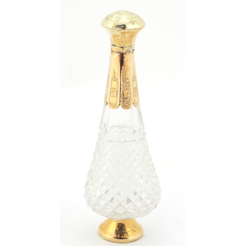 4001 - Dutch cut glass scent bottle with stopper and 18ct gold mounts, engraved with flowers, impressed mar... 