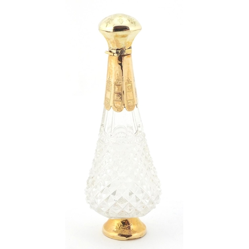 4001 - Dutch cut glass scent bottle with stopper and 18ct gold mounts, engraved with flowers, impressed mar... 