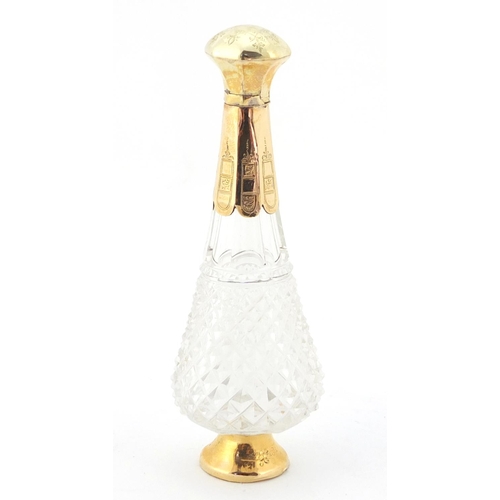 4001 - Dutch cut glass scent bottle with stopper and 18ct gold mounts, engraved with flowers, impressed mar... 