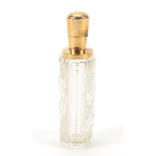 3182 - Dutch cut glass scent bottle with 18ct gold mounts and fitted leather case, impressed marks to the m... 