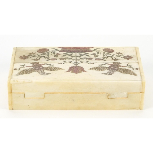 3992 - Set of carved bone playing cards housed in a box, carved with two birds and flowers, each card 3.1cm... 