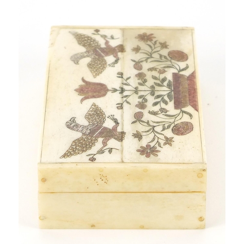 3992 - Set of carved bone playing cards housed in a box, carved with two birds and flowers, each card 3.1cm... 