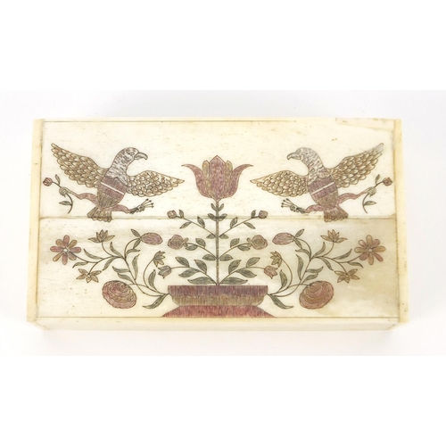 3992 - Set of carved bone playing cards housed in a box, carved with two birds and flowers, each card 3.1cm... 