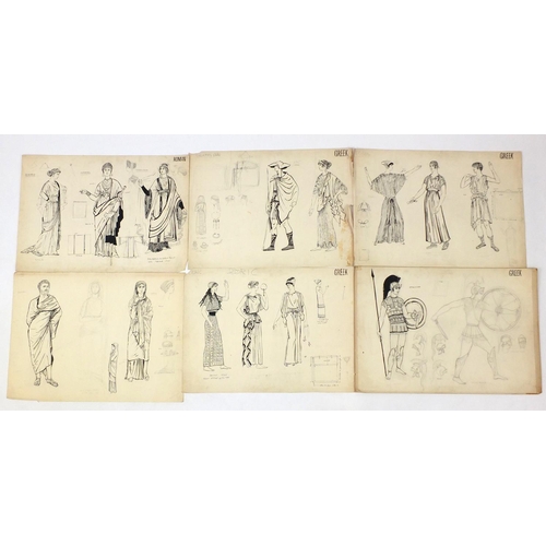 3087 - Margot Hamilton Hill - Collection of pencil and ink costume designs, including examples titled Roman... 