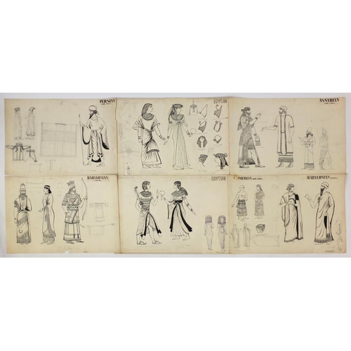 3087 - Margot Hamilton Hill - Collection of pencil and ink costume designs, including examples titled Roman... 