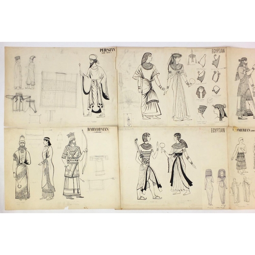 3087 - Margot Hamilton Hill - Collection of pencil and ink costume designs, including examples titled Roman... 