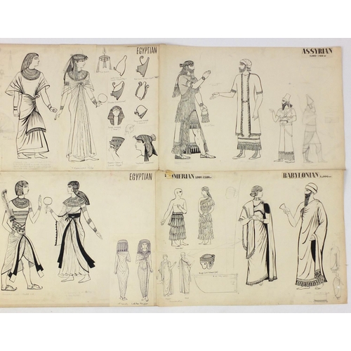 3087 - Margot Hamilton Hill - Collection of pencil and ink costume designs, including examples titled Roman... 