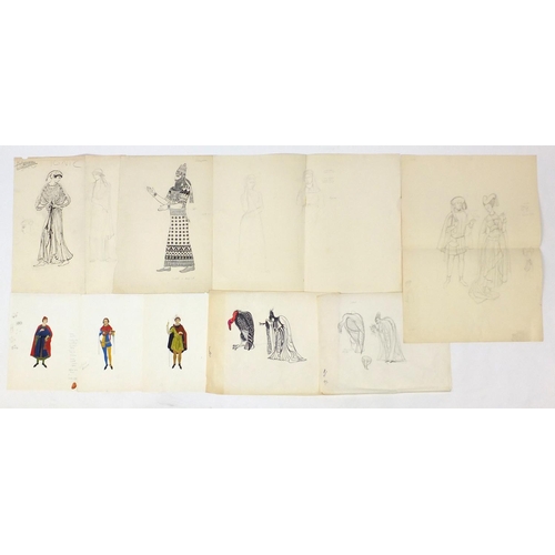 3087 - Margot Hamilton Hill - Collection of pencil and ink costume designs, including examples titled Roman... 