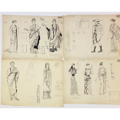 3087 - Margot Hamilton Hill - Collection of pencil and ink costume designs, including examples titled Roman... 