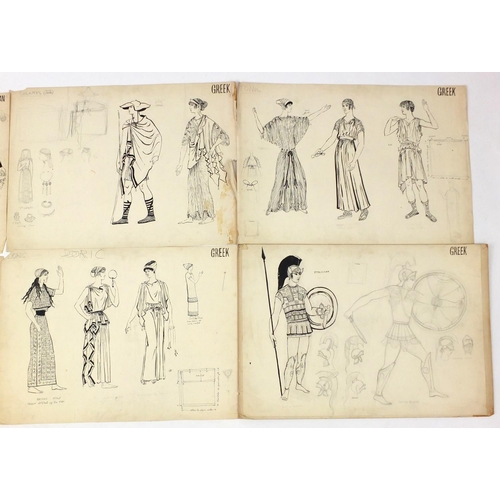 3087 - Margot Hamilton Hill - Collection of pencil and ink costume designs, including examples titled Roman... 