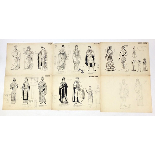 3087 - Margot Hamilton Hill - Collection of pencil and ink costume designs, including examples titled Roman... 