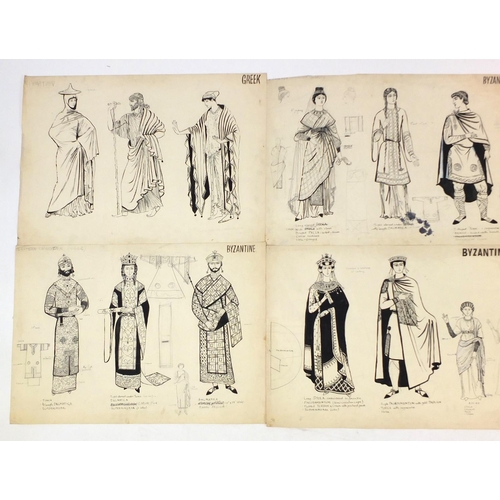 3087 - Margot Hamilton Hill - Collection of pencil and ink costume designs, including examples titled Roman... 