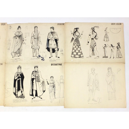 3087 - Margot Hamilton Hill - Collection of pencil and ink costume designs, including examples titled Roman... 