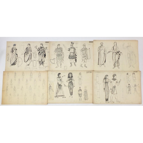 3087 - Margot Hamilton Hill - Collection of pencil and ink costume designs, including examples titled Roman... 