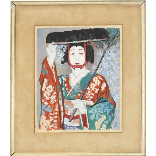 5246 - Geisha girl and warrior, near pair of Japanese school mixed media's, inscriptions verso, each mounte... 