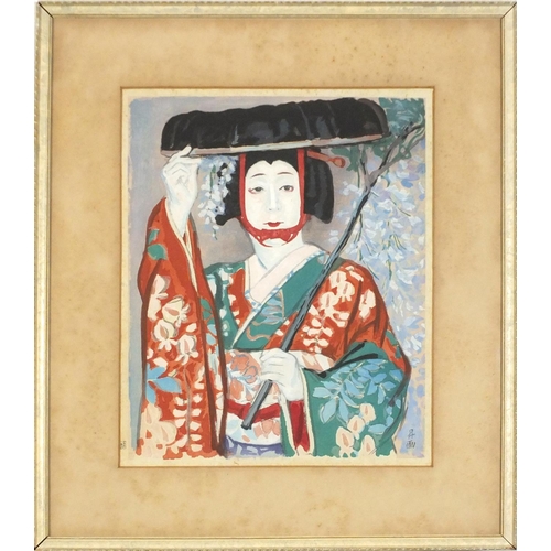 5246 - Geisha girl and warrior, near pair of Japanese school mixed media's, inscriptions verso, each mounte... 