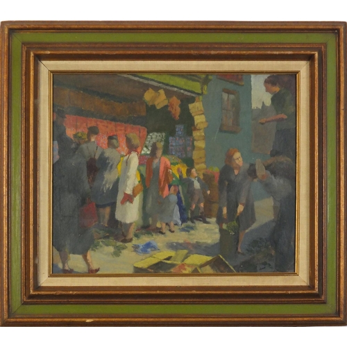 3130 - Market scene, Impressionist oil on board, mounted and framed, 49cm x 40cm