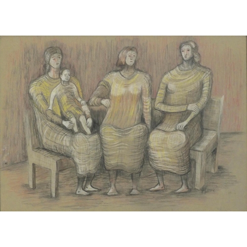 3965 - After of Henry Moore - Figures in an interior, mixed media, framed and glazed, 61cm x 43cm