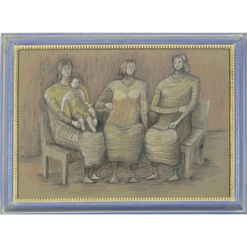 3965 - After of Henry Moore - Figures in an interior, mixed media, framed and glazed, 61cm x 43cm