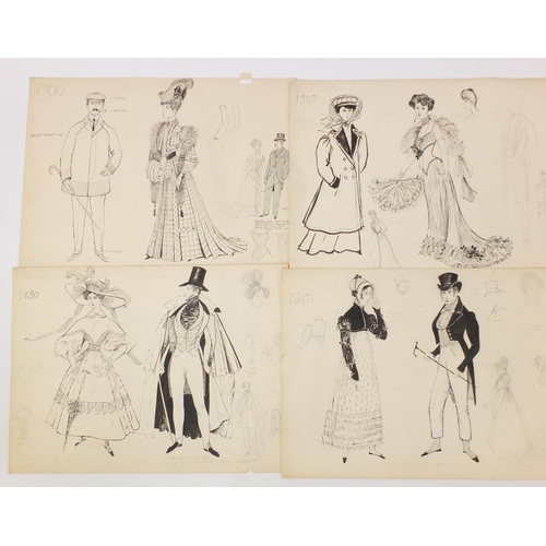 3088 - Margot Hamilton Hill - Collection of pencil and ink costume designs including examples titled Polone... 