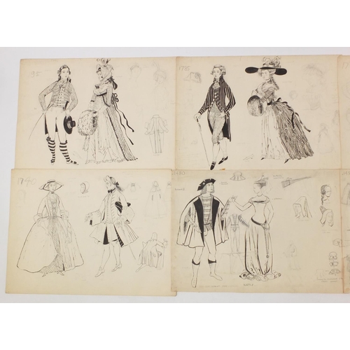 3088 - Margot Hamilton Hill - Collection of pencil and ink costume designs including examples titled Polone... 