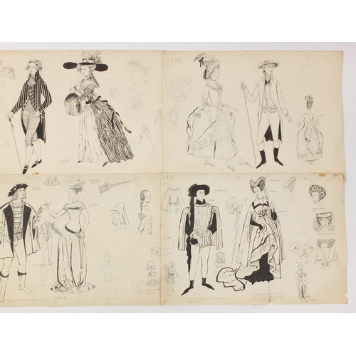 3088 - Margot Hamilton Hill - Collection of pencil and ink costume designs including examples titled Polone... 