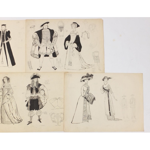 3088 - Margot Hamilton Hill - Collection of pencil and ink costume designs including examples titled Polone... 