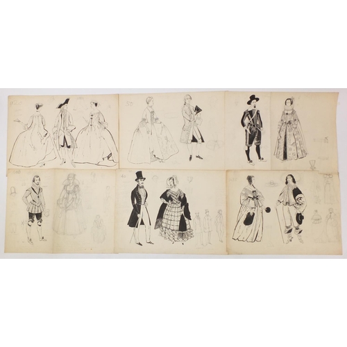 3088 - Margot Hamilton Hill - Collection of pencil and ink costume designs including examples titled Polone... 