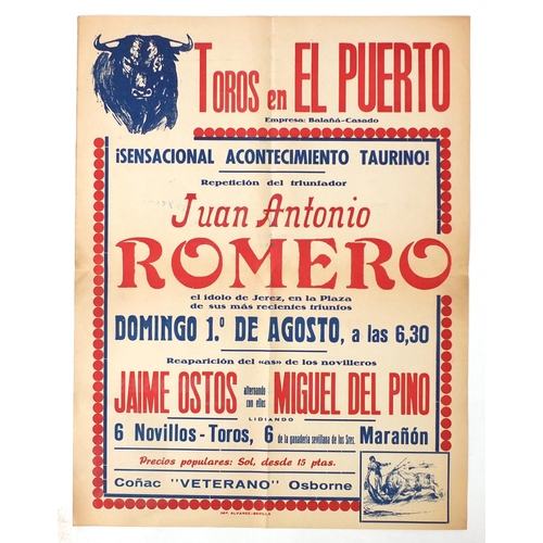 5247 - Juan Antonio Romera Spanish bull fighting poster, Toros en el Puerto, unframed, 64cm x 50cm