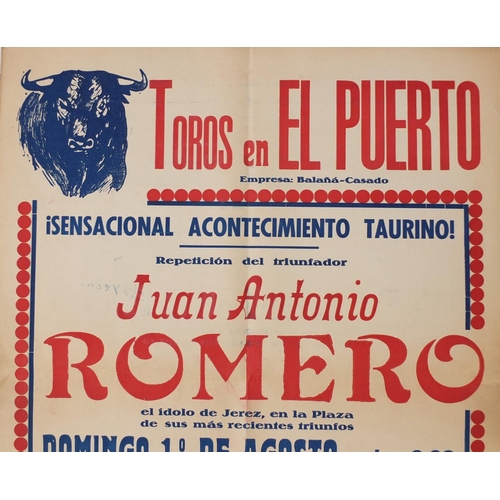 5247 - Juan Antonio Romera Spanish bull fighting poster, Toros en el Puerto, unframed, 64cm x 50cm