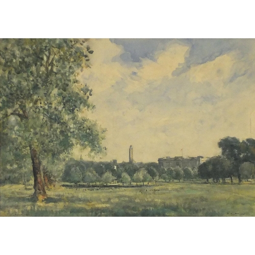 3852 - P A Hay 1925 - Green Park London with Buckingham Palace in the distance, watercolour, mounted, frame... 