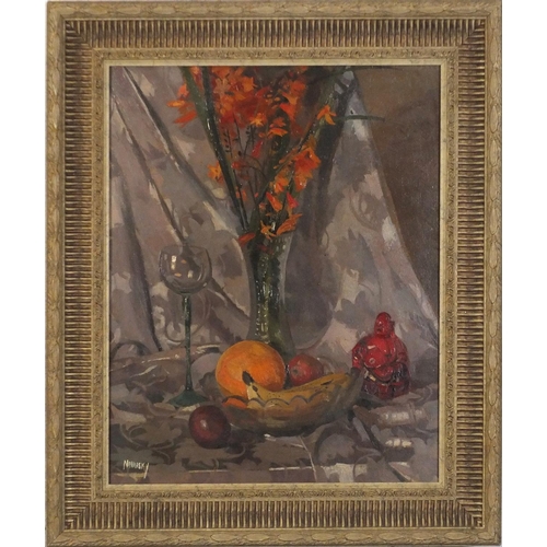 3815 - Manner Philip Naviasky - Still life fruit and vessels, oil on board, framed, 54cm x 43.5cm