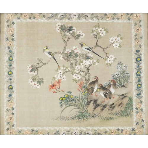 3221 - Quails amongst flowers and blossoming trees, Chinese watercolour on silk, mounted, framed and glazed... 
