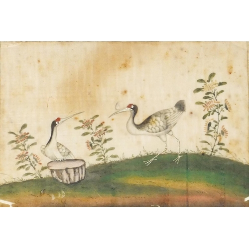 3394 - Chinese pith painting of two cranes in a landscape, mounted and framed, 26cm x 18.5cm