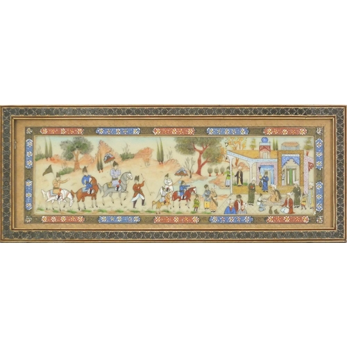 3848 - Rectangular Persian ivory plaque hand painted with a village scene and figures on horseback, housed ... 