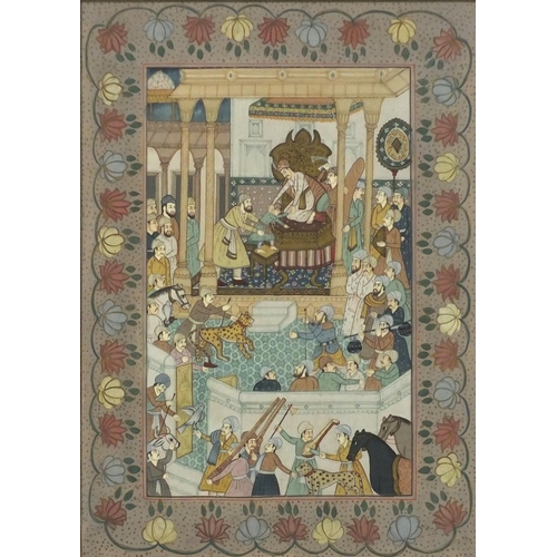 3849 - Figures in a temple, Persian watercolour onto silk, framed and glazed, 51.5cm x 36.5cm