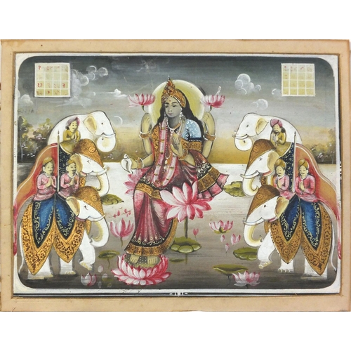 3133 - Deities and figures on elephant back, Persian watercolour on card, mounted, unframed, 21cm x 15.5cm